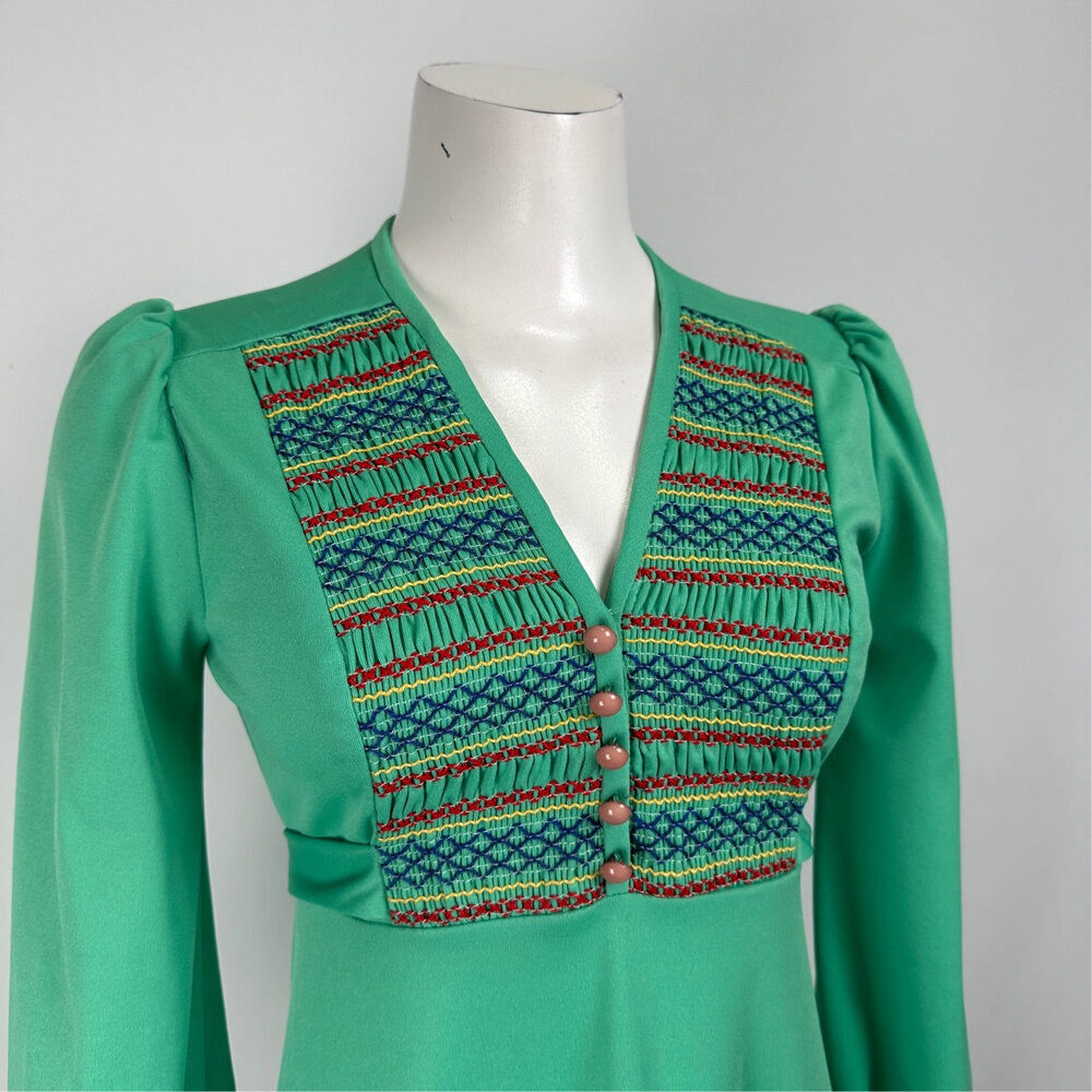 Vintage Nu Mode Green Long Sleeve Maxi Dress Size XS - Picture 2 of 8